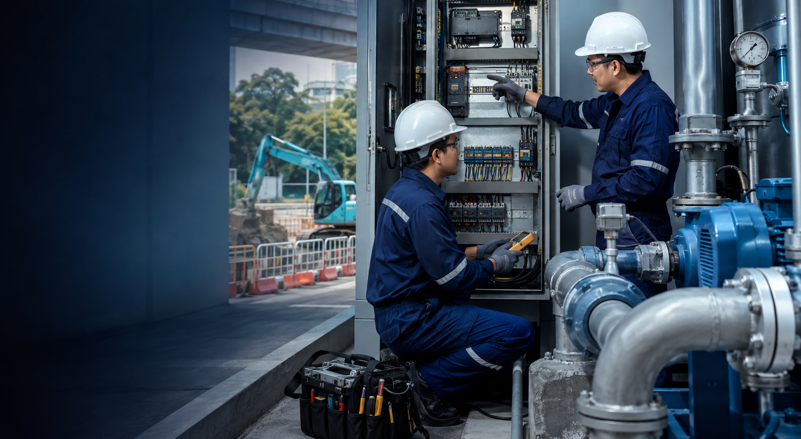 Mechanical and electrical specialists inspecting industrial systems